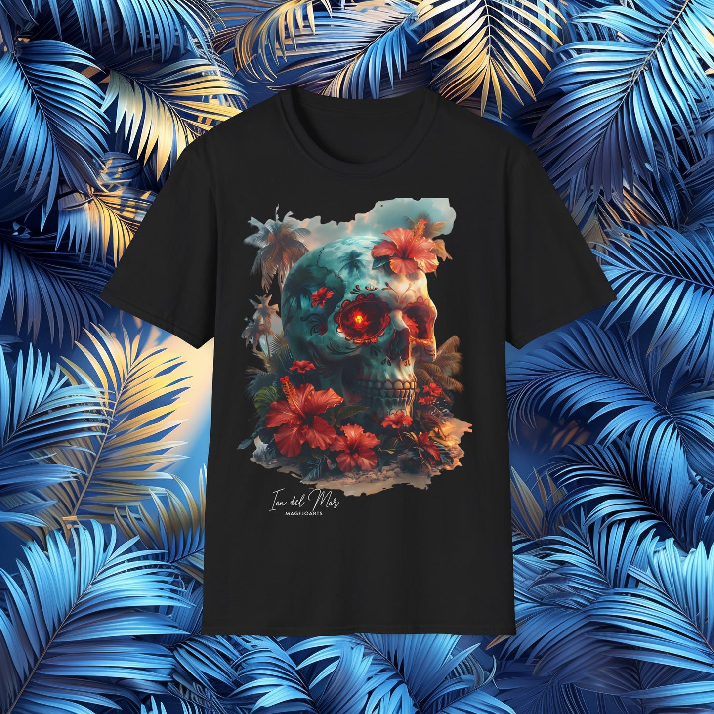 Sugar Skull Midnight Bloom T-Shirt - Day of the Dead & Dia de los Muertos